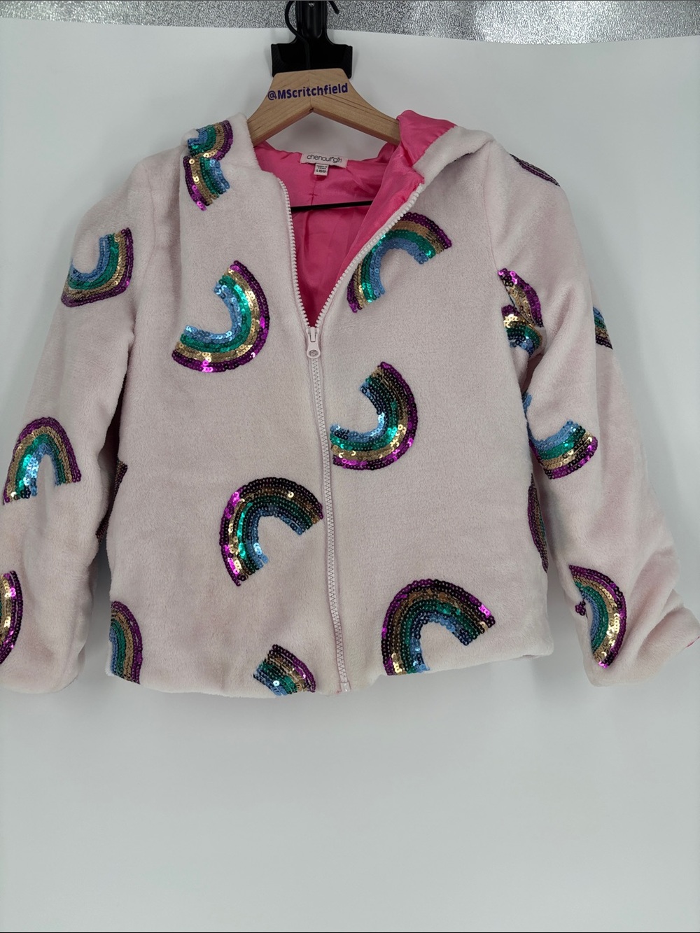Chenault Girl Pink Fuzzy Sequin Rainbow Hooded Jacket large 10/12